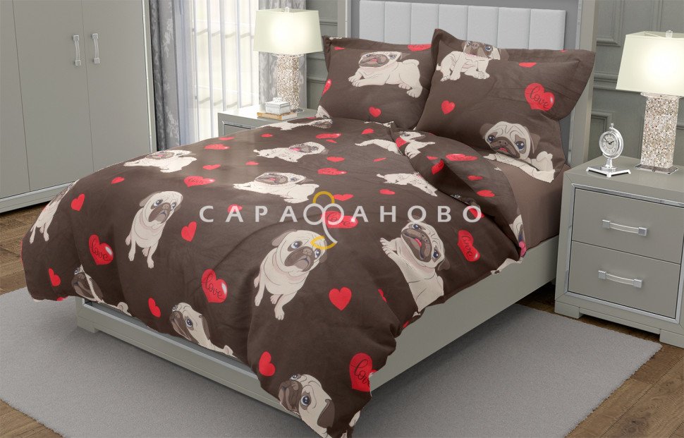Ткань Перкаль 220 см Мопсы шоколад (основа)